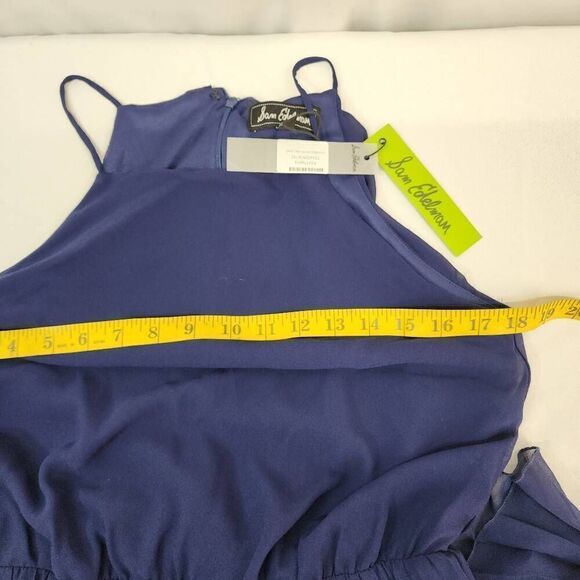 Sam Edelman Size 4 Electric Pleated A Line Long Midi Dress Navy Blue Halter Top - Picture 3 of 10